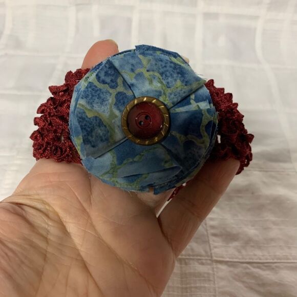 Handmade Infant Headband Burgundy Denim Blue & Green Flower Center Size Preemie - Picture 6 of 9